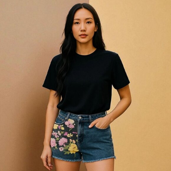 Dollhouse Floral Patch Denim Shorts 8 – Frayed Hem Blue Jean Summer Vibes EUC - Picture 1 of 7